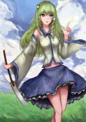 Rule 34 | 1girl, bad id, bad pixiv id, blue sky, breasts, chen feng si, clothes lift, cloud, day, detached sleeves, field, frilled skirt, frills, frog hair ornament, gohei, grass, green hair, hair ornament, hair tubes, highres, kochiya sanae, legs, long hair, looking at viewer, midriff, midriff peek, navel, oonusa, open mouth, outdoors, petals, pointing, skirt, skirt lift, sky, smile, snake hair ornament, solo, star (symbol), stomach, thighs, touhou, wide sleeves, wind