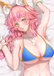 Rule 34 | 1girl, absurdres, animal ear fluff, animal ears, bikini, blue bikini, blush, breasts, cleavage, collarbone, commentary, commentary request, fate/grand order, fate (series), fox ears, fox girl, highres, kamehito, large breasts, looking at viewer, lying, on back, pink hair, side-tie bikini bottom, swimsuit, tamamo (fate), tamamo no mae (fate/extra), tamamo no mae (swimsuit lancer) (fate), yellow eyes