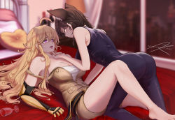 Rule 34 | 2girls, after kiss, ahoge, animal ear fluff, animal ears, ass, assertive female, barefoot, bed sheet, black bodysuit, blake belladonna, blonde hair, blurry, blurry background, blush, bodysuit, breasts, brown hair, cat ears, cleavage, couple, cup, drinking glass, eye contact, face-to-face, girl on top, hand on another&#039;s chin, hand on own chin, heart, heart-shaped pupils, highres, huge ahoge, large breasts, leg between thighs, long hair, looking at another, mechanical arms, medium breasts, messy hair, moddedjoker, multiple girls, on bed, partially unzipped, prosthesis, prosthetic arm, purple eyes, rwby, saliva, saliva trail, sheet grab, short hair, signature, single mechanical arm, skin tight, sleeveless, sleeveless bodysuit, strap slip, stroking own chin, symbol-shaped pupils, wine glass, yang xiao long, yellow eyes, yuri