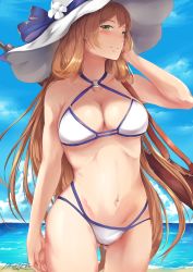 Rule 34 | 1girl, adjusting hair, arm at side, artist name, bare arms, bare legs, bare shoulders, beach, bikini, blue sky, blush, bolt action, breasts, cleavage, closed mouth, cloud, collarbone, cowboy shot, criss-cross halter, day, female focus, girls&#039; frontline, green eyes, groin, gun, hair between eyes, hair rings, halterneck, hand up, hat, highleg, highleg bikini, highleg swimsuit, highres, hiroki ree, large breasts, legs, light brown hair, long hair, looking at viewer, m1903 springfield, navel, neck, o-ring, o-ring bikini, o-ring swimsuit, o-ring top, ocean, official alternate costume, outdoors, rifle, sand, see-through, sidelocks, signature, sky, smile, solo, springfield (girls&#039; frontline), springfield (stirring mermaid) (girls&#039; frontline), standing, stomach, summer, sun hat, swimsuit, thighs, water, weapon, weapon on back, white bikini, white hat