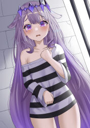 Rule 34 | 1girl, absurdres, blush, crown, gem, highres, hololive, hololive english, koseki bijou, long hair, looking at viewer, off shoulder, open mouth, prison cell, prison clothes, purple eyes, purple hair, rebelium, shirt, striped clothes, striped shirt, tears, thigh gap, very long hair, virtual youtuber, wide hips