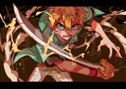 Rule 34 | 1boy, armband, black shirt, blonde hair, blue eyes, cowboy shot, fangs, fighting stance, floating clothes, green shirt, hair between eyes, hanoyuta, head out of frame, holding, holding sword, holding weapon, jibaku shounen hanako-kun, layered clothes, layered sleeves, legs apart, letterboxed, male focus, minamoto kou, necktie, official art, open clothes, open hand, open mouth, open shirt, outside border, pants, shirt, short sleeves, solo, standing, striped necktie, sword, uneven eyes, v-shaped eyebrows, weapon, white pants