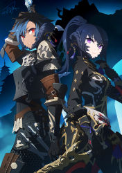 Rule 34 | 2girls, arm at side, arm up, armor, au ra, warrior of light (ff14), black hair, blue hair, chainmail, closed mouth, commission, cowboy shot, dark.h, dark knight (final fantasy), dated, dragon girl, dragon horns, dual wielding, elbow gloves, fictional persona, final fantasy, final fantasy xiv, gloves, greatsword, hand up, high ponytail, holding, holding sword, holding weapon, horns, jacket, knife, light smile, lips, long hair, long sleeves, looking at viewer, medium hair, multicolored hair, multiple girls, ninja (final fantasy), pants, parted lips, ponytail, purple eyes, red eyes, scales, signature, sword, two-tone hair, weapon