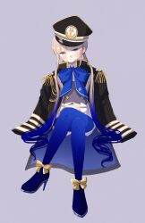 Rule 34 | 1boy, anchor symbol, black coat, blue bow, blue bowtie, blue coat, blue hair, blue pantyhose, blunt bangs, bow, bowtie, buttons, captain nemo (fate), closed mouth, coat, coat on shoulders, collared shirt, commentary, cosplay, crossed legs, epaulettes, facing viewer, fate/grand order, fate (series), footwear bow, frilled sleeves, frills, full body, gold trim, gradient hair, gradient legwear, green eyes, grey background, hat, head tilt, high heels, highres, interlocked fingers, large bow, light blush, light brown hair, looking at viewer, low twintails, military, military uniform, multicolored coat, multicolored hair, naval uniform, nemo (fate), noah (fate), oversized clothes, pantyhose, peaked cap, saitoh michiru, shirt, simple background, sitting, tilted headwear, twintails, uniform, vest, white shirt, yellow bow