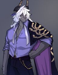Rule 34 | 1boy, 7th art forge, absurdres, alchemy stars, fang, furry, furry male, grey background, hand on own hip, highres, horns, istvan (alchemy stars), long hair, looking to the side, male focus, necktie, pectorals, solo, undone necktie, white hair