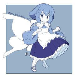 Rule 34 | 1girl, apron, blue background, blue dress, blue eyes, blue hair, border, borrowed character, closed mouth, dress, fairy wings, frilled apron, frilled dress, frills, full body, long sleeves, looking at viewer, mawaru (mawaru), original, sandals, short hair, smile, solo, thighhighs, white apron, white border, white thighhighs, wings, zouri