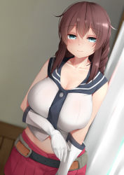 Rule 34 | 1girl, bad id, bad pixiv id, bare arms, belt, blue eyes, blush, braid, breasts, brown hair, cleavage, closed mouth, collarbone, elbow gloves, gloves, indoors, kantai collection, large breasts, long hair, looking at viewer, midriff, ne an ito, noshiro (kancolle), pleated skirt, red skirt, sailor collar, sidelocks, skirt, smile, solo, twin braids