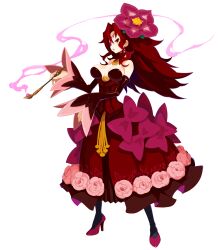 Rule 34 | 1girl, bow, breasts, detached sleeves, disgaea, disgaea rpg, dress, earrings, eyepatch, flower, full body, hair flower, hair ornament, high heels, highres, holding, holding smoking pipe, jewelry, large breasts, long hair, looking at viewer, majo to hyakkihei, non-web source, official art, photoshop (medium), pumps, red dress, red eyes, red footwear, red hair, smoke, smoking, smoking pipe, solo, strapless, strapless dress, thighhighs, transparent background, valentine (majo to hyakkihei)
