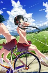 Rule 34 | 2girls, absurdres, bicycle, black hair, closed eyes, cloud, contrail, day, dutch angle, field, headphones, highres, hill, long hair, multiple girls, multiple riders, original, phantania, power lines, riding, scenery, school uniform, skirt, sky, twintails