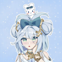 Rule 34 | 1girl, alternate hairstyle, animal, animal on head, bare shoulders, blue background, blue bow, blue hair, blue nails, bow, cinnamiku hairstyle, clothing cutout, commentary, d:, dress, ear bow, faruzan (genshin impact), genshin impact, green eyes, hair bow, hair ornament, hand up, looking at viewer, on head, open mouth, portrait, rabbit, sanrio, short hair, shou (vfvc8275), shoulder cutout, solo, white dress, x hair ornament