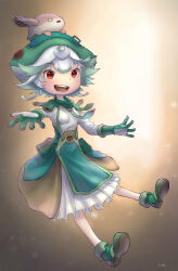 Rule 34 | 1girl, :d, absurdres, aqua hair, artist name, breasts, cactus41747280, dress, full body, gloves, green footwear, green gloves, hat, highres, made in abyss, meinya (made in abyss), multicolored hair, open mouth, pouch, prushka, red eyes, short hair, small breasts, smile, solo, teeth, two-tone gloves, two-tone hair, upper teeth only, white dress, white gloves, white hair
