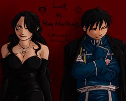 Rule 34 | 1boy, 1girl, amestris military uniform, black coat, black dress, black hair, breast tattoo, breasts, character name, coat, copyright name, crossed arms, curly hair, dress, elbow gloves, evil smile, expressionless, closed eyes, facing away, fullmetal alchemist, gloves, hair over one eye, head tilt, jacket, jacket on shoulders, light smile, lipstick, long hair, looking away, lust (fma), makeup, military, military uniform, ouroboros, red background, red eyes, roy mustang, serious, shaded face, shadow, short hair, simple background, sleeveless, sleeveless dress, smile, tattoo, uniform, upper body, vs, white gloves