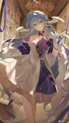 Rule 34 | 1girl, aqua eyes, arms behind back, bare shoulders, cellphone, closed mouth, detached sleeves, dorkyhuzzz, dress, earrings, feather boa, floating hair, gloves, hair between eyes, halo, head wings, highres, holding, holding phone, honkai: star rail, honkai (series), jewelry, long hair, looking at phone, phone, purple dress, robin (honkai: star rail), selfie, short sleeves, smartphone, smile, solo, standing, white dress, white gloves, white wings, wings