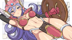 Rule 34 | 1girl, arm behind head, arm up, armor, armpits, bikini armor, black sleeves, blue eyes, blush, breasts, choker, cleavage, cowboy shot, curly hair, detached sleeves, dragon quest, dragon quest iii, elbow gloves, gloves, hair between eyes, helmet, hifumi chiyoko, highres, holding, holding shield, long hair, looking at viewer, medium breasts, midriff, navel, parted lips, pink headwear, purple hair, red gloves, revealing clothes, shield, shoulder armor, soldier (dq3), solo, thighlet, toned, warrior, white choker