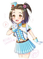 Rule 34 | 1girl, :d, black hair, blue headwear, blue skirt, character name, cropped jacket, cropped legs, eighth note, flower, forehead, frilled skirt, frills, gloves, hair flower, hair ornament, hand up, idolmaster, idolmaster cinderella girls, ittokyu, jacket, looking at viewer, mini shako cap, musical note, navel, one side up, open mouth, pink flower, pleated skirt, short sleeves, signature, simple background, skirt, smile, solo, spoken musical note, vest, white background, white gloves, white jacket, white vest, yanase miyuki