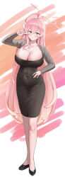 Rule 34 | 1girl, ahoge, alternate costume, black dress, black footwear, blue archive, blush, bow, breasts, cleavage, collarbone, covered navel, damgnim, dongtan dress, dress, female focus, full body, gradient hair, hair bow, halo, hanako (blue archive), hand on own hip, highres, huge ahoge, huge breasts, large breasts, long braid, long hair, long sleeves, looking at viewer, meme attire, multicolored hair, pink hair, smile, solo, v, v over eye, very long hair