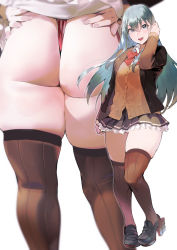 Rule 34 | 1girl, aqua hair, arm up, ass, black footwear, blouse, blush, breasts, brown jacket, brown skirt, brown thighhighs, cardigan, clothes lift, commentary request, frilled skirt, frills, from below, hair ornament, hairclip, hands on own hips, ikuchan kaoru, jacket, kantai collection, long hair, long sleeves, looking at viewer, multiple views, open clothes, open mouth, pleated skirt, revision, rudder footwear, school uniform, shirt, shoes, simple background, skindentation, skirt, skirt lift, smile, suzuya (kancolle), suzuya kai ni (kancolle), thick thighs, thighhighs, thighs, thong, white background