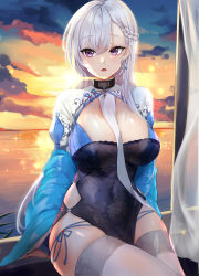 Rule 34 | 1girl, :o, absurdres, alternate costume, azur lane, bad id, bad pixiv id, belfast (azur lane), belfast (iridescent rosa) (azur lane), belfast (iridescent rosa) (azur lane), between breasts, braid, breasts, broken, broken chain, chain, china dress, chinese clothes, cleavage, collar, commission, dress, earrings, heart, heart earrings, highres, jewelry, large breasts, lillly, long hair, open mouth, panties, purple eyes, side-tie panties, silver hair, sitting, skindentation, solo, sunset, thighhighs, thighs, underwear, white thighhighs