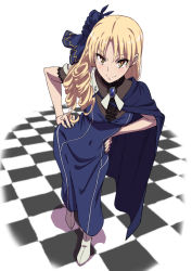 Rule 34 | 1girl, anime coloring, blonde hair, blue dress, cloak, closed mouth, dress, drill hair, fate (series), hair ornament, hands on own hips, highres, looking at viewer, lord el-melloi ii case files, luviagelita edelfelt, parted bangs, shadow, smile, solo, white background, white footwear, yellow eyes, yuukami (wittsu)