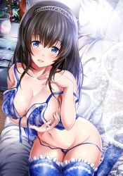 Rule 34 | 10s, 1girl, bad id, bad twitter id, bare shoulders, black hair, blue eyes, blue panties, blue thighhighs, blush, book, bra, breast hold, breasts, cleavage, collarbone, commentary request, curtains, diadem, floral print, flower, frills, garana, hairband, hand on own chest, hip focus, idolmaster, idolmaster cinderella girls, lace, lace-trimmed legwear, lace trim, large breasts, light particles, lingerie, long hair, looking at viewer, navel, on bed, open mouth, panties, sagisawa fumika, seiza, shelf, sitting, smile, solo, string panties, sunlight, thighhighs, thighs, underwear, underwear only, undressing