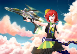 Rule 34 | 10s, 1girl, belt, black dress, blue sky, canards, cloud, cowboy shot, day, dress, flying, frank patriot, hair between eyes, kaname buccaneer, light rays, looking at viewer, macross, macross delta, mecha, messer ihlefeld, music, open mouth, outdoors, outstretched arm, plant, red hair, robot, science fiction, short hair, singing, skirt, sky, songstress, standing, variable fighter, vehicle focus, vf-31, vf-31 siegfried, vf-31f