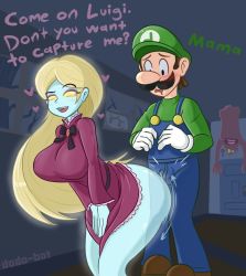 Rule 34 | 1boy, 1girl, :d, ?, artist name, ass shake, belt, bent over, big nose, black belt, black bow, blonde hair, blue overalls, blue skin, blush, boo (mario), bow, breasts, bright pupils, brooch, brown footwear, brown hair, bulge, buttjob, buttjob over clothes, buttons, clothes lift, colored sclera, colored skin, dodo-bot, dress, dress lift, drooling, english text, erection, erection under clothes, facial hair, furrowed brow, ghost, gloves, glowing, glowing eyes, green headwear, green shirt, grinding, hat, heart, hetero, high collar, humping, indoors, jewelry, lace, lace-trimmed dress, lace trim, large breasts, long hair, long sleeves, looking at another, looking back, luigi, luigi&#039;s mansion, mario (series), melody pianissima, motion lines, mouth drool, mustache, nintendo, no panties, notice lines, open mouth, overalls, purple dress, raised eyebrow, shirt, shoes, sideburns, smile, solid eyes, spirit, standing, teeth, transparent, upper teeth only, upside-down, white gloves, white pupils, window, yellow sclera