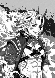 Rule 34 | + +, 1boy, abs, ahoge, arataki itto, artist name, body markings, commentary, english commentary, fang, fire, genshin impact, greyscale, high collar, highres, horns, ink, jacket, long hair, luffie, male focus, monochrome, muscular, muscular male, oni, oni horns, parted lips, rope, short sleeves, signature, smile, solo, spiked hair, tassel, upper body, vision (genshin impact)