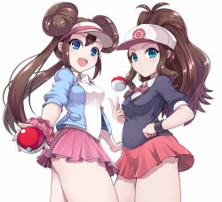 Rule 34 | 2girls, :d, alternate costume, baseball cap, blue eyes, blue jacket, bow, bowtie, breasts, brown hair, closed mouth, collared shirt, cosplay, cowboy shot, creatures (company), double bun, game freak, hair bun, hand on own hip, hat, hilda (pokemon), holding, holding poke ball, jacket, kasai shin, lass (pokemon), lass (pokemon) (cosplay), long hair, looking at viewer, miniskirt, multiple girls, nintendo, open clothes, open jacket, open mouth, pink skirt, pleated skirt, poke ball, poke ball (basic), pokemon, pokemon bw, pokemon bw2, pokemon oras, pokemon xy, ponytail, red neckwear, red skirt, rosa (pokemon), scrunchie, shirt, sidelocks, simple background, skirt, small breasts, smile, twintails, visor cap, white background, white shirt, wing collar, wrist scrunchie, wristband
