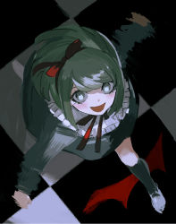 Rule 34 | 1girl, :d, absurdres, bad id, bad twitter id, checkered floor, danganronpa (series), danganronpa another episode: ultra despair girls, dress, from above, green dress, green eyes, green hair, green socks, grey footwear, hairband, highres, kakeami, kneehighs, looking at viewer, motion lines, open mouth, red hairband, ribbon, shoes, short hair, smile, socks, solo, towa monaca