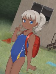 Rule 34 | 1girl, backpack, bag, blue eyes, blush, building, child, dark-skinned female, dark skin, dutch angle, female focus, flat chest, grass, looking at viewer, nitera1041, one-piece swimsuit, original, outdoors, ponytail, randoseru, solo, stairs, swimsuit, traffic cone, v, white hair