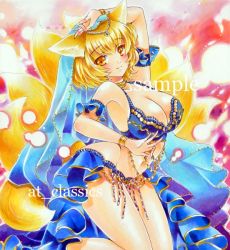 Rule 34 | 1girl, alternate costume, animal ears, arm up, at classics, bare legs, bare shoulders, blonde hair, bracelet, breasts, brown eyes, cleavage, dancer, female focus, fox ears, fox tail, harem outfit, jewelry, large breasts, light smile, marker (medium), multiple tails, navel, necklace, sample watermark, short hair, solo, tail, touhou, traditional media, veil, watermark, yakumo ran, yellow eyes