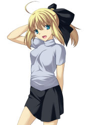 Rule 34 | 1girl, ahoge, alternate costume, artoria pendragon (all), artoria pendragon (fate), blonde hair, blush, casual, fate/stay night, fate (series), green eyes, long sleeves, looking at viewer, saber (fate), skirt, skylader, smile, solo
