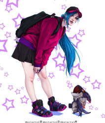 Rule 34 | 1girl, alternate costume, animal, backpack, bag, bandaid, bandaid on cheek, bandaid on face, baseball cap, black bag, black headwear, black skirt, blue hair, character name, ear piercing, grey hair, hat, highres, jinx (league of legends), koiarts, league of legends, leaning forward, long hair, miniskirt, nail polish, neck tattoo, open mouth, orange eyes, piercing, pink sweater, shoes, simple background, skirt, star (symbol), sweater, tattoo, tongue, tongue out, tongue piercing, white background
