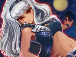 Rule 34 | 1girl, aura, belt, breasts, city, cleavage, cleavage cutout, clothing cutout, crop top, full moon, hairband, hand on own hip, hip focus, idolmaster, idolmaster (classic), looking at viewer, midriff, moon, navel, night, night sky, red eyes, shijou takane, silver hair, sky, solo, tanigawa hiroshi, vest