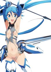 Rule 34 | 1girl, blue eyes, blue hair, cleavage cutout, clothing cutout, flat chest, gloves, highres, long hair, mecha musume, navel, navel cutout, nipples, nude filter, ore twintail ni narimasu, pussy, sword, tailblue, thighhighs, third-party edit, tsube aika, twintails, uncensored, very long hair, weapon