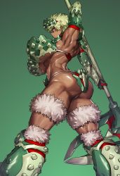 Rule 34 | 1girl, armor, armpits, arms up, boots, closed mouth, dark skin, dark-skinned female, frown, fur trim, gauntlets, gloves, greaves, green background, green hair, headgear, holding, holding weapon, light green hair, melon22, orange eyes, original, red gloves, short hair, simple background, solo, vambraces, weapon