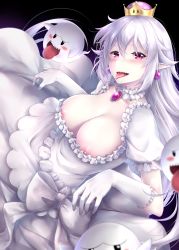 Rule 34 | 1girl, amulet, blush, boo (mario), breasts, cleavage, dress, frilled dress, frills, gloves, highres, large breasts, looking at viewer, looking up, mario (series), nintendo, nipple slip, nipples, pale skin, pointy ears, princess king boo, rei (puyopuyo), sharp teeth, smile, solo, source request, teeth, tongue, tongue out, white dress, white hair