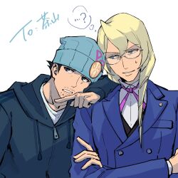 Rule 34 | 2boys, ace attorney, beanie, blonde hair, blue eyes, blue headwear, blue jacket, chinese commentary, collared shirt, commentary request, crossed arms, facial hair, glasses, grey jacket, hat, highres, hood, hooded jacket, jacket, kristoph gavin, leaning on person, long hair, long sleeves, looking at another, looking to the side, male focus, multiple boys, neck ribbon, phoenix wright, pink ribbon, pointing, ribbon, ringo orihara, shirt, short hair, simple background, stubble, sweatdrop, thought bubble, upper body, white background, white shirt