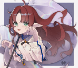 Rule 34 | 1girl, :3, absurdres, ahoge, arknights, blush, breasts, claw pose, cleavage, earrings, flag, green eyes, highres, jacket, jewelry, long hair, looking at viewer, myrtle (arknights), open mouth, pointy ears, red hair, saw272, scarf, solo, tank top, white jacket, white tank top