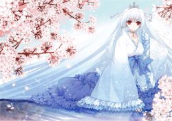 Rule 34 | 1girl, cherry blossoms, earrings, facial mark, flower, forehead mark, frills, highres, japanese clothes, jewelry, lolita fashion, long hair, looking at viewer, necklace, original, petals, red eyes, silver hair, solo, suzuhira hiro, very long hair, wa lolita