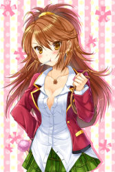 Rule 34 | 1girl, blazer, blush, breasts, brown hair, candy, cleavage, collarbone, dress shirt, earrings, eating, food, hand on own hip, holding, jacket, jewelry, lollipop, long hair, looking at viewer, lowres, medium breasts, necklace, plaid, plaid skirt, pleated skirt, polka dot, ponytail, school uniform, scrunchie, shirt, skirt, solo, striped, swept bangs, sword girls, yellow eyes