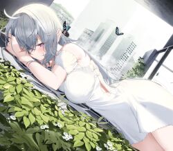 Rule 34 | 1girl, absurdres, armpits, bare shoulders, blue butterfly, breasts, bug, building, bush, butterfly, butterfly on head, clothing cutout, dress, grey hair, hair over one eye, highres, insect, kamioka shun&#039;ya, leaf, long hair, lying, medium breasts, on stomach, original, outdoors, pink eyes, puffy sleeves, short dress, shoulder cutout, sky, solo, sparkling eyes, white dress, white sky