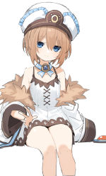 Rule 34 | 1girl, absurdres, bare shoulders, blanc (neptunia), blue eyes, breasts, buran buta, coat, cropped legs, dress, flat chest, foreshortening, fur trim, hair between eyes, hat, highres, jacket, jitome, legs, light brown hair, looking at viewer, neptune (series), no legwear, outstretched arm, petite, priestess, ribbon, short hair, simple background, sketch, skirt, small breasts, smile, solo, spaghetti strap, thighs, white background, white dress, white hat, white jacket, wide sleeves