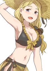 Rule 34 | 1girl, :d, arm up, armpits, bare arms, bikini, bikini skirt, black bow, blonde hair, blue eyes, bow, bow bikini, breasts, cleavage, collarbone, cowboy shot, fire emblem, fire emblem: three houses, frilled bikini, frills, hair bow, hand on headwear, hat, kuhuku006f86, large breasts, light blush, long hair, looking at viewer, mercedes von martritz, navel, open mouth, parted bangs, see-through, see-through skirt, sideboob, simple background, skirt, smile, solo, straw hat, striped, striped bow, swimsuit, tongue, two-tone bikini, wavy hair, white background, yellow bow