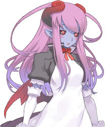Rule 34 | 1girl, astaroth (shinrabanshou), black irises, black sclera, blue skin, blush, colored sclera, colored skin, demon girl, elbow gloves, gloves, high collar, long hair, low wings, lowres, maid, pointy ears, purple hair, red eyes, shinrabanshou, simple background, solo, white background, wings