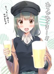 Rule 34 | 1girl, alcohol, alternate costume, alternate hairstyle, beer, black sweater, blunt bangs, blurry, blush, brown eyes, brown shawl, depth of field, glass, grey hair, hair down, highres, kantai collection, kujira naoto, looking at viewer, medium hair, open mouth, pov, reaching, reaching towards viewer, shawl, smile, solo, sweater, translation request, upper body, white background, yuubari (kancolle)
