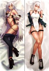 Rule 34 | 1girl, altera (fate), ass, bare shoulders, bikini, black footwear, black nails, black pants, blush, boots, breasts, choker, closed mouth, clothes pull, competition swimsuit, dakimakura (medium), dark-skinned female, dark skin, fate/grand order, fate (series), fingernails, green jacket, high heel boots, high heels, highres, i-pan, jacket, jacket partially removed, looking at viewer, lying, medium breasts, medium hair, multiple views, nail polish, on back, on side, one-piece swimsuit, open clothes, open jacket, pants, pants pull, red eyes, swimsuit, thigh gap, veil, white bikini, white choker, white hair, white one-piece swimsuit