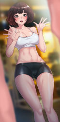 Rule 34 | 1girl, absurdres, akchu, bike shorts, blurry, blurry background, blush, breasts, brown eyes, brown hair, cameltoe, highres, large breasts, legs, original, short hair, solo, standing, sweat, tank top, thighs, tomboy, very short hair
