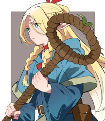 Rule 34 | 1girl, belt, belt pouch, blonde hair, blue capelet, blue robe, braid, brown belt, capelet, choker, commentary, dungeon meshi, elf, green eyes, holding, holding staff, long hair, marcille donato, multiple braids, pointy ears, poteke, pouch, red choker, robe, solo, staff