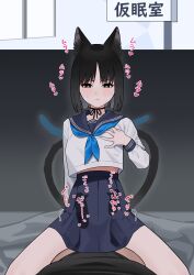 Rule 34 | 1boy, 1girl, absurdres, animal ear fluff, animal ears, black eyes, black hair, black sailor collar, black skirt, blue archive, blue neckerchief, bob cut, cat ears, cat tail, commentary request, fffukuzawa, girl on top, hand on own chest, hetero, highres, implied sex, kikyou (blue archive), long sleeves, looking at viewer, midriff peek, multiple tails, neckerchief, sailor collar, school uniform, serafuku, short hair, skirt, solo, tail, translation request, two tails